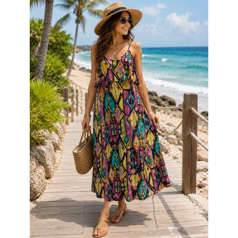 Midnight Velvet Colorful Boho Maxi Dress Size Medium